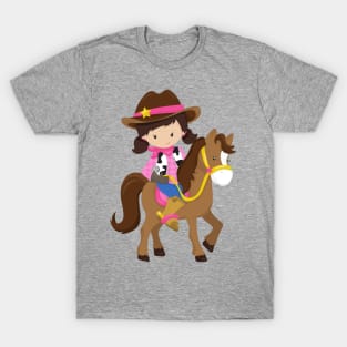 Cowgirl, Sheriff, Horse, Western, Brown Hair T-Shirt